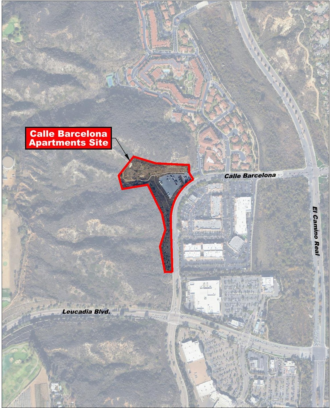 Aerial location map of the Calle Barcelona Apartments site, outlined in red on the west side of Calle Barcelona